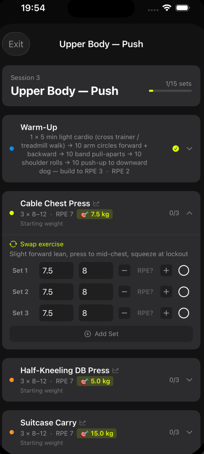 Active Workout — sets, RPE, rest timer & overload suggestions